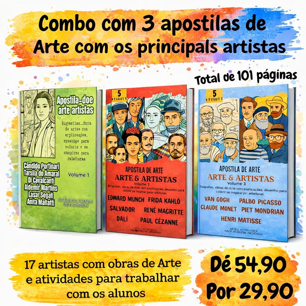 Combo com 3 apostilas de Arte com os principais artistas